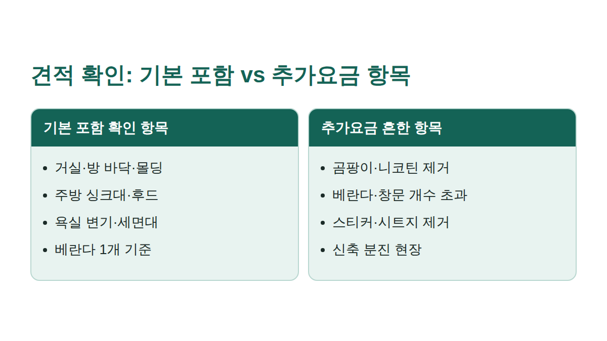입주청소 견적서에서 확인할 기본 포함 항목과 흔한 추가요금 항목을 비교한 도해